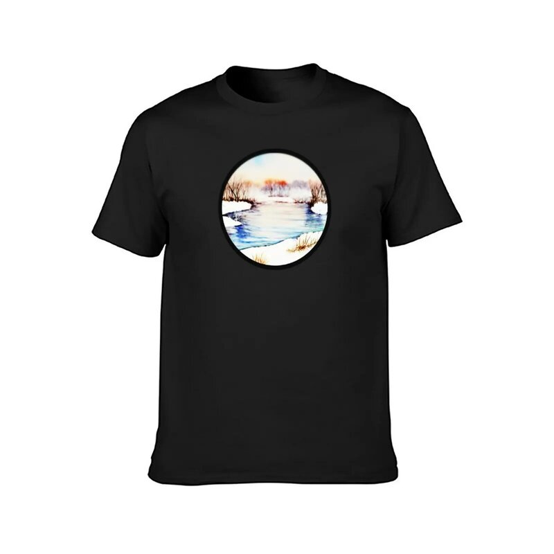 Camiseta masculina de paisagem do rio do inverno, animal print, roupas anime, camisetas brancas para meninos
