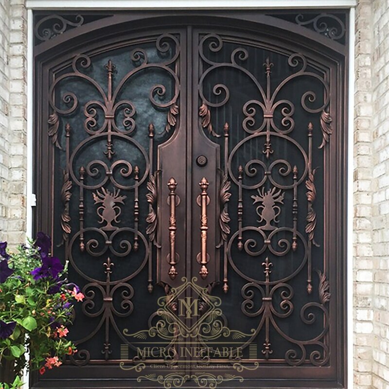 Puertas de entrada delanteras dobles de hierro forjado de seguridad de vidrio doble Exterior de estilo francés, calidad excelente