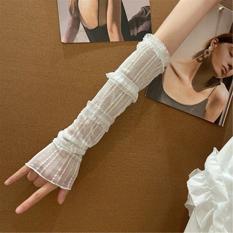 Arm Sleeves for Beach Getaways Holiday Sunproof Gloves with Pleated Lace Trim Women Elastic Driving Long Sunproof Gloves