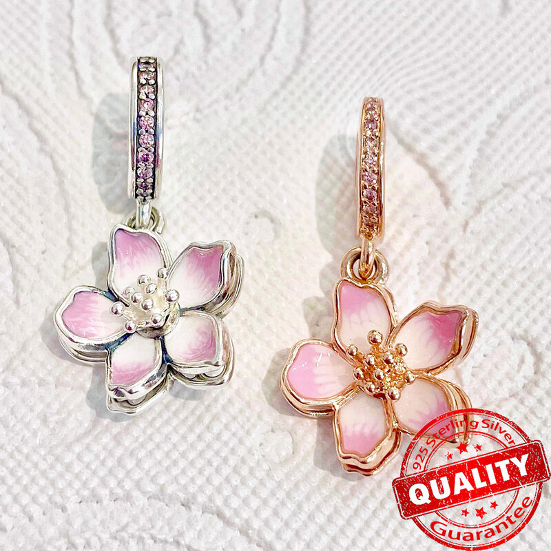 Sparkling Pavé Triple-row Beads Rose Gold Hearts Medallion Cherry Blossom Dangle Charm Fit Moment 925 Sterling Silver Bracelet