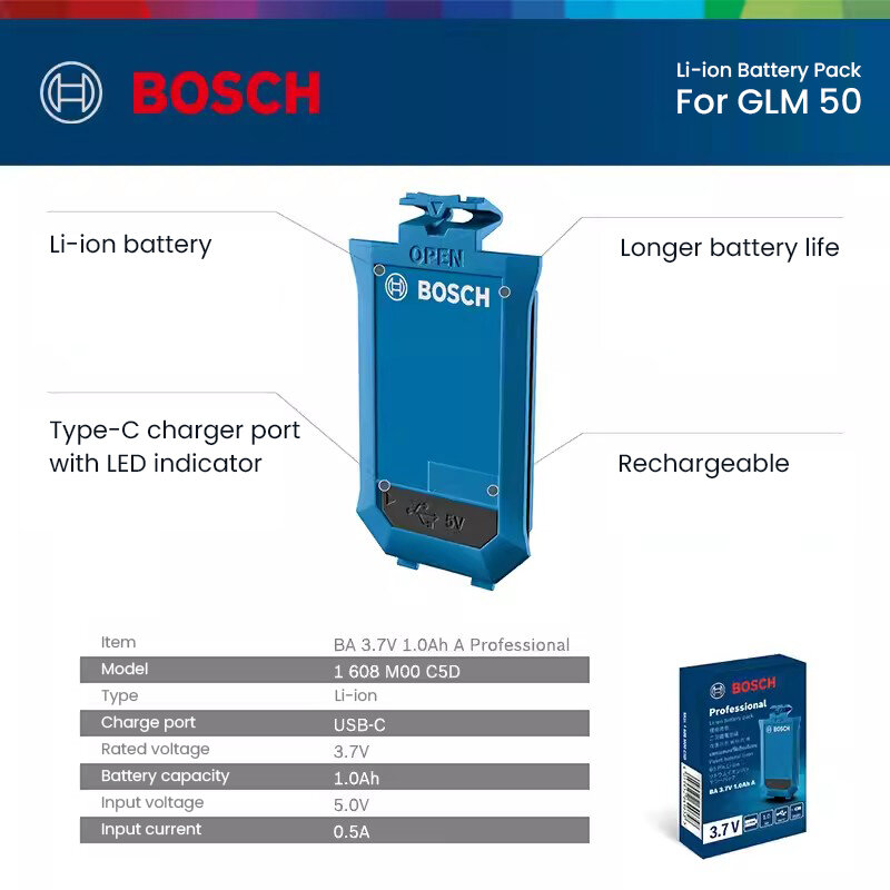 Bosch-Paquete de batería de litio de 3,7 V, Puerto tipo C, 5V/0.5A, 1.0Ah, para telémetro láser Bosch, GLM50-23G, GLM50-27CG