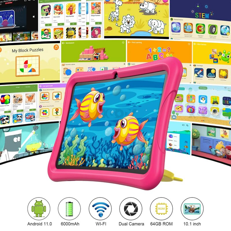 XGODY Tablet anak 10 inci, Tablet PC WiFi layar IPS 4GB 64GB untuk belajar pendidikan anak-anak dengan casing pelindung untuk hadiah anak-anak