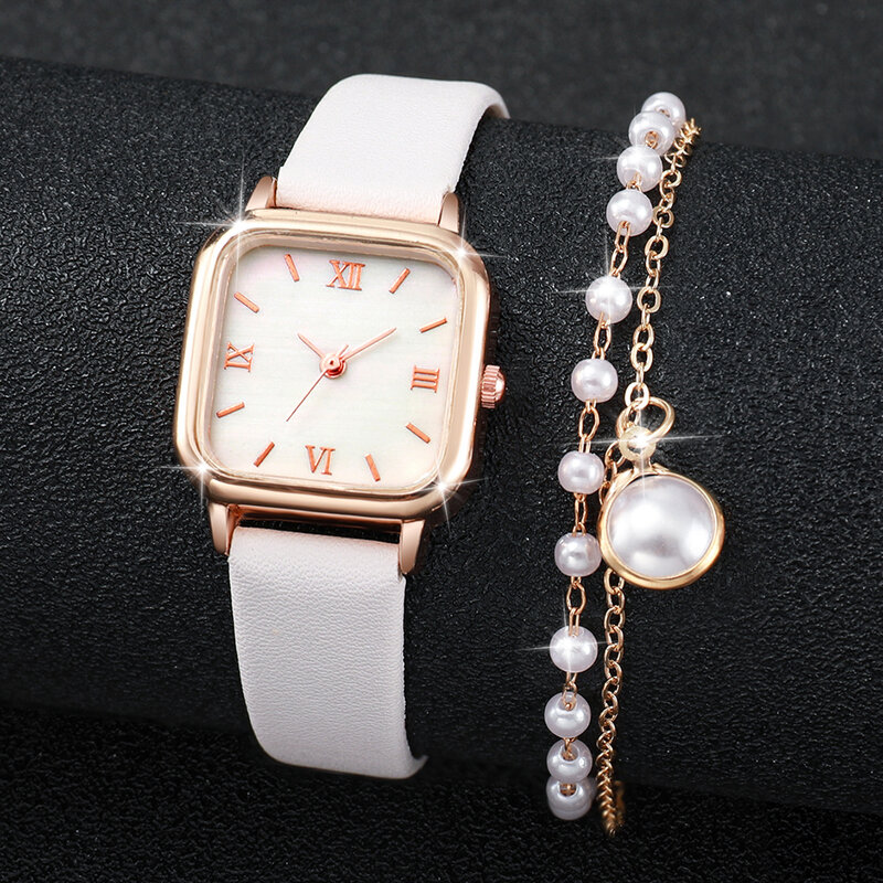 2pcs/set Fashion Women Leather Strap Square Case Quartz Watch & Pearl Bracelet