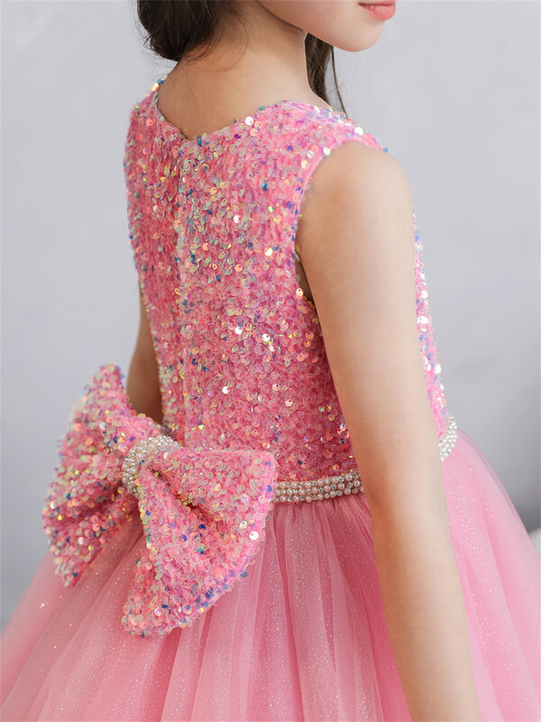 Tiulowa aksamitna cekiny księżniczka sukienki dla dziewczynek na perły ślubne i kokardka z okrągłym dekoltem bez rękawów formalna suknia balowa