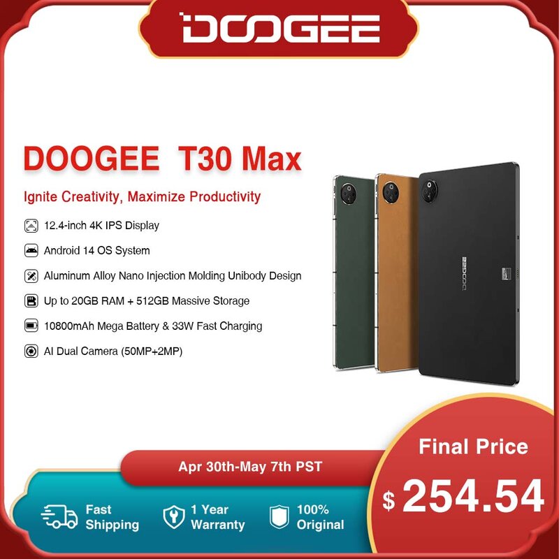 DOOGEE-T30 Max Liga de Alumínio Nano Tablet Universal, 12.4 ", 4K, 20GB, 8 GB, 12GB, 512GB, Android 14, 50MP Câmera Dupla, 10800mAh, Estreia Mundial