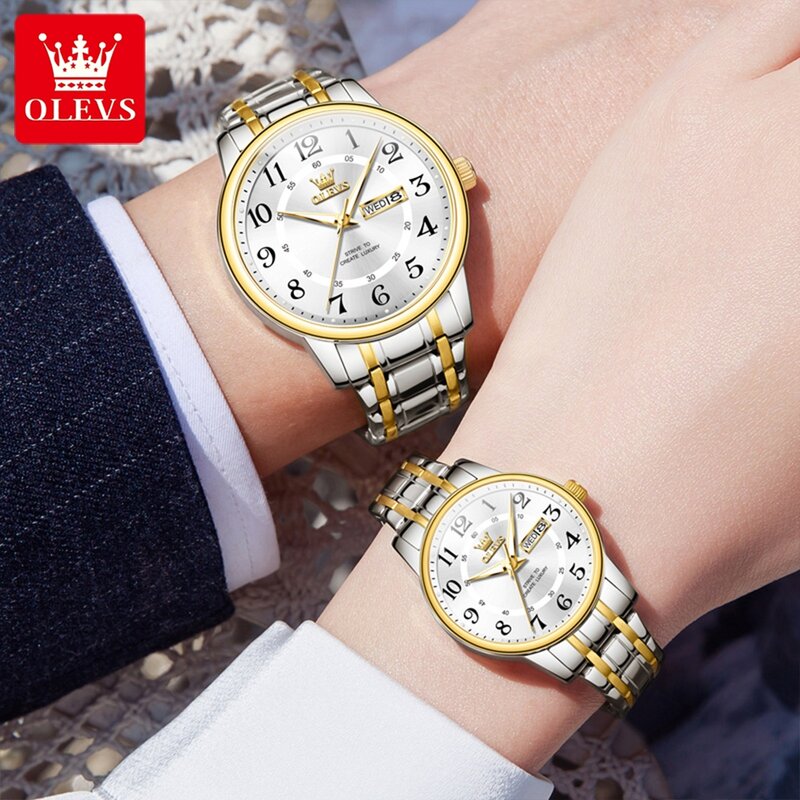 OLEVS Brand Fashion coppia orologio al quarzo per donna e uomo in acciaio inossidabile impermeabile luminoso settimana data orologio amante di lusso