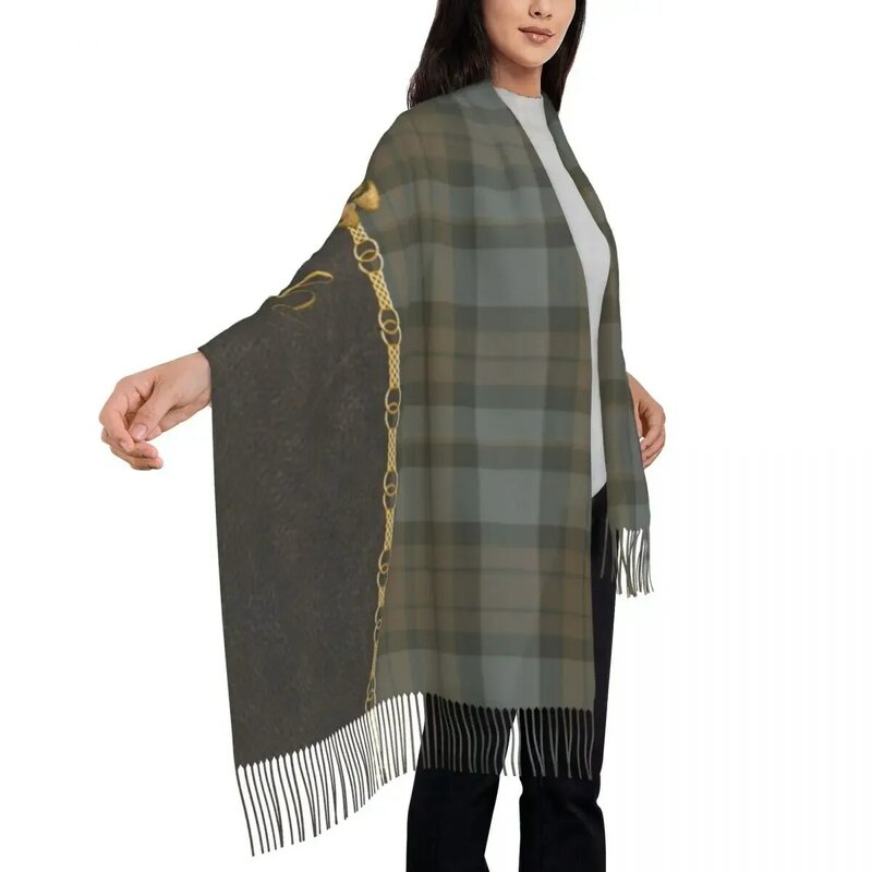 Écharpe à pampilles en cuir et tartan pour femme, motif Sassenach, écharpes Outlander libellule pour femme, enveloppes chaudes, châles d'hiver, mode