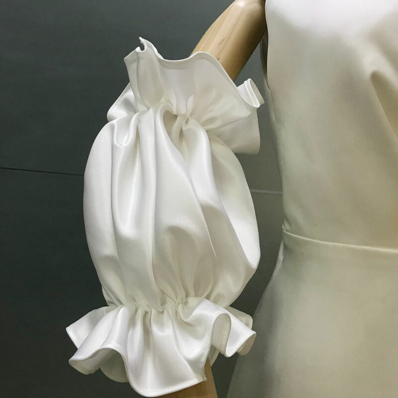 Satin lengan Bridal pernikahan Puff lengan Satin putih manset pengantin dapat dilepas bisep panjang sedang untuk elegan sarung tangan pernikahan