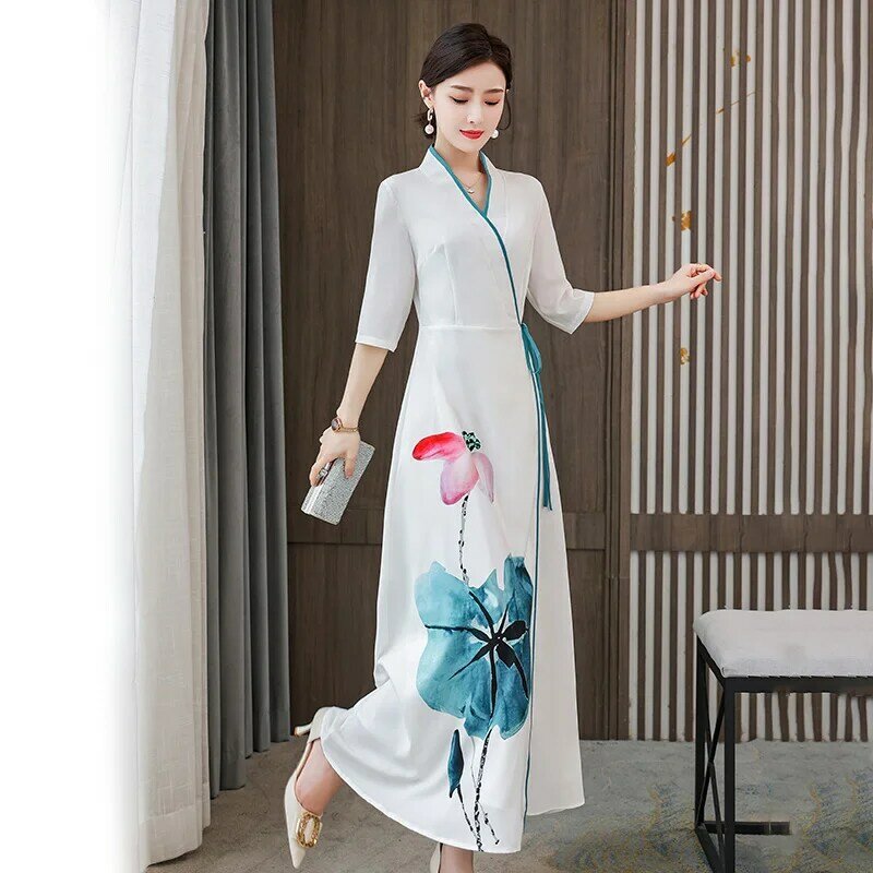 Hanfu Women Harajuku Print Vintage Chinese Dress Traditional Long  Eleganti Slim Oriental National China Costume White Dresses