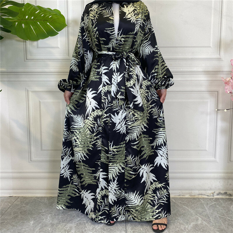 Wepbel szlafrok z długim rękawem kaftan Kimono arabski Trend satynowa sukienka muzułmańska Abaya tkanina strona z nadrukiem kieszeń islamska odzież sweter