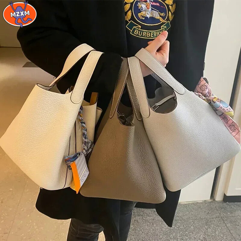 2024 New Contrast Color Cowhide Bucket Bag Elegant Office Lady All-match Handbags Luxury Genuine Leather Lychee Pattern Purse