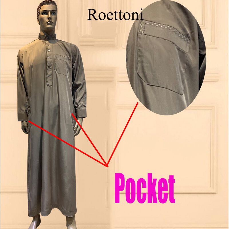 1 Piece Low Neck Ethnic Shirt Muslim Men's Jubba Thobe Kaftan Prayer Dress Qatar Pakistan Djellaba Islam Cloth Arabic Long Robe