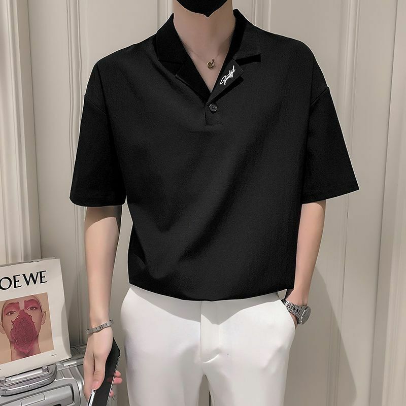 Рубашка-поло мужская с коротким рукавом, шелковая однотонная блузка с лацканами, на пуговицах, в американском стиле, повседневная универсальная простая тонкая рубашка с воротником, лето