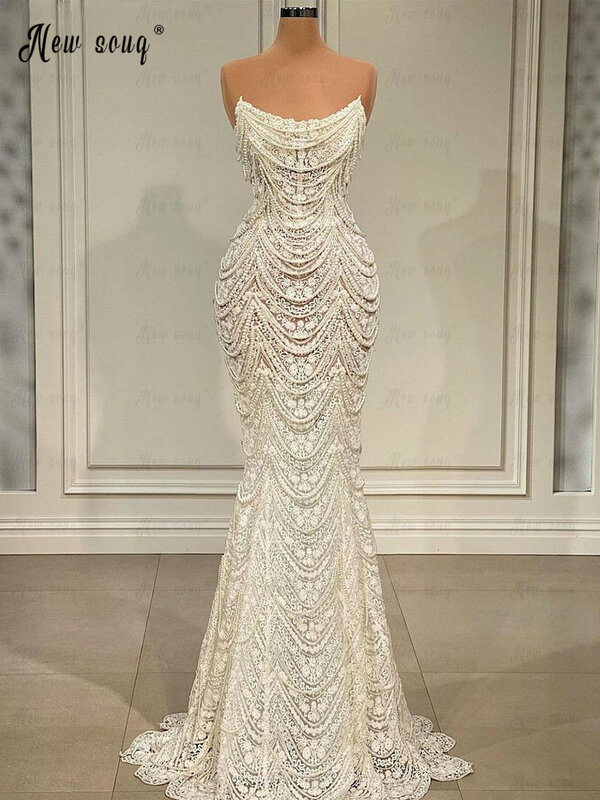 Elegant Lace Pearls Tassels Vestido de casamento, Boat Neck, Sereia Brilhante Vestidos De Noiva, Custom Made, Vestidos de casamento formal, 2023