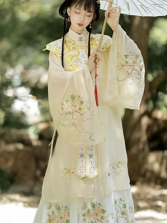 Kostum dansa tradisional Tiongkok untuk wanita, gaun peri Dinasti Ming gaya kuno, kostum dansa tradisional Tiongkok Retro elegan, Gaun awan Hanfu bahu