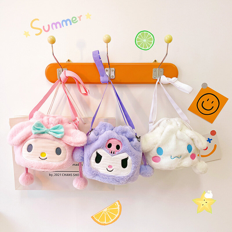 Kawaii Hello Kitty Plush กระเป๋าถือ Messenger กระเป๋าสตางค์กระเป๋า Sanrio Melody Kuromi กระเป๋าสะพายไหล่ Pochacco ตุ๊กตาของเล่น