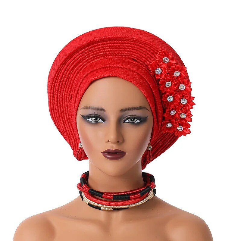 2024 новый африканский головной убор тюрбан Нигерия головные уборы с цветами уже изготовленные Auto Gele женские головные уборы для свадебной вечеринки Кепка головной убор