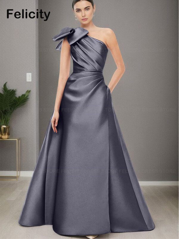 Elegant One-Shoulder Satin Dress com Bow, Floor-Length, A-Line, Mother do Bride, Wedding Guest Dresses, 2023