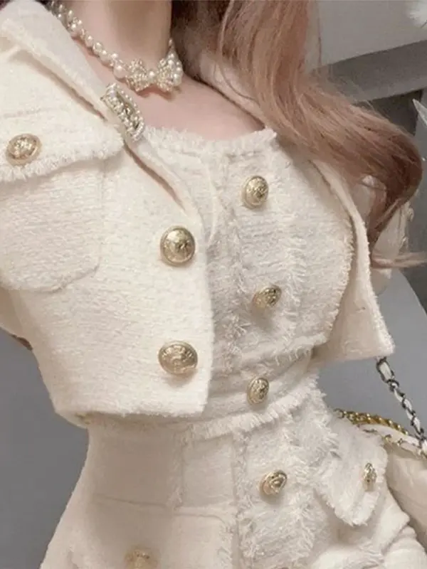 Женский элегантный комплект из двух предметов, новый осенне-зимний Французский Простой повседневный приталенный винтажный мини-костюм, женские шикарные комплекты пальто, 2024