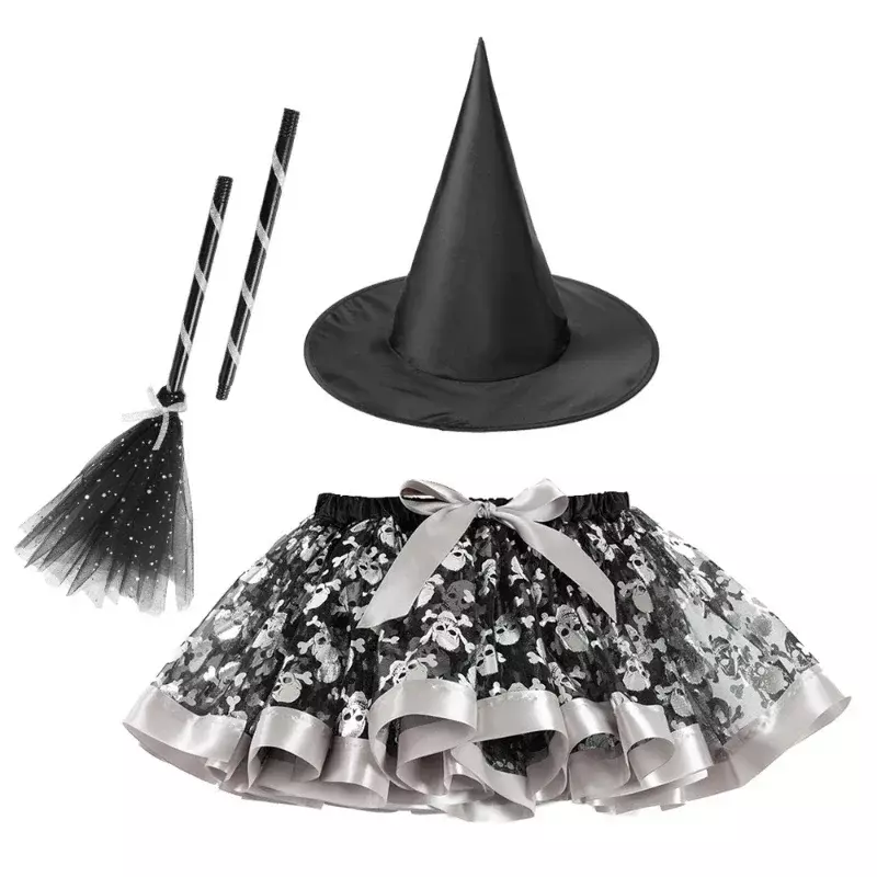 メッシュチュチュ、魔女のテーマ、カーニバルコスプレ、ソーサーレス服、パーティーアクセサリー、帽子、ほうき、プリントのスカートと女の子のハロウィーンの衣装