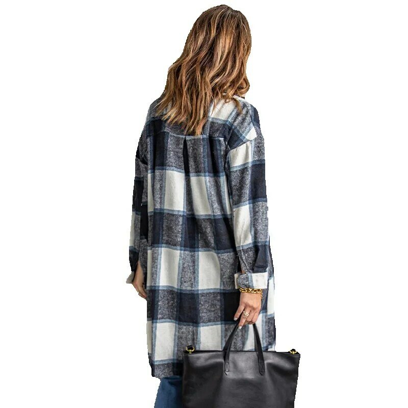 Camisa xadrez de comprimento médio para as mulheres, jaqueta solta, casaco fino, outono, 851789