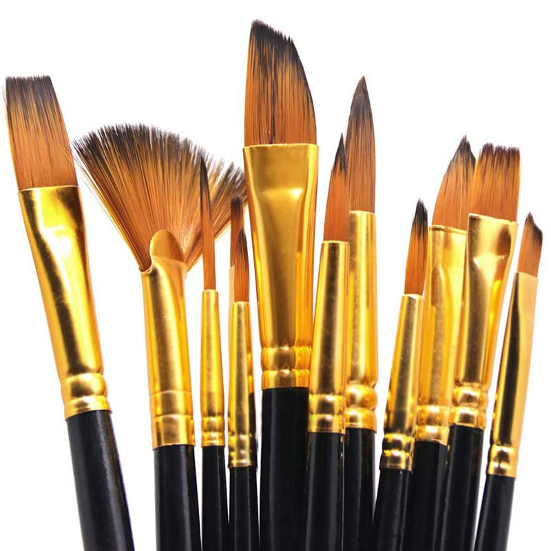 12Pcs Artist Paint Brush Set Round Flat Tip Nylon Hair Paint Brush Set Wood Handle for Water Color Acrylic Oil Painting Brushes