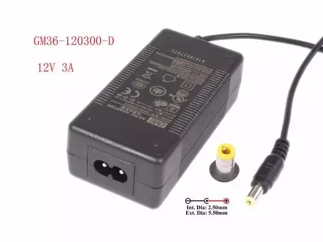 GM36-120300-D adaptor daya, 12V 3A, barel 5.5/2.5mm, 2-cabang