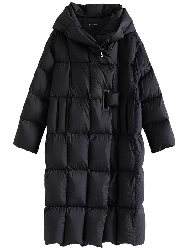 DUSHU-Chaqueta de plumón con capucha para mujer, abrigo grueso de 274G de capacidad, informal, a la moda, color negro
