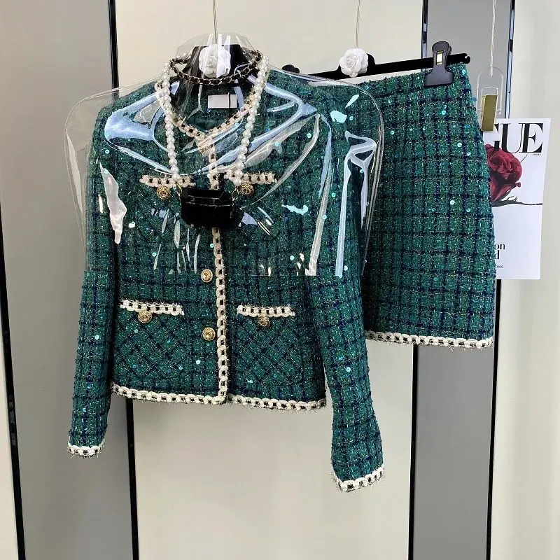 Nowy damski elegancki tweedowy pachnący garnitur w stylu vintage Płaszcz Top i spódnica Dwuczęściowy zestaw Zielony strój Zimowy żakardowy strój imprezowy