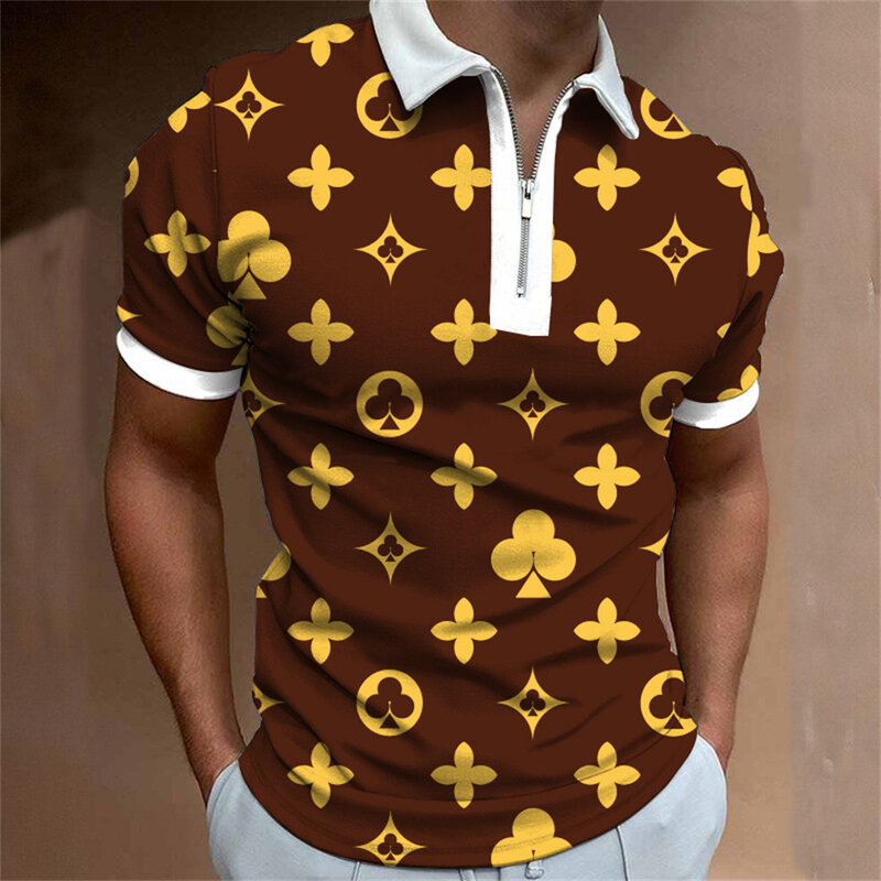 2023 New Zipper Colorful Printed Men's Summer Short -sleeved POLO Shirt