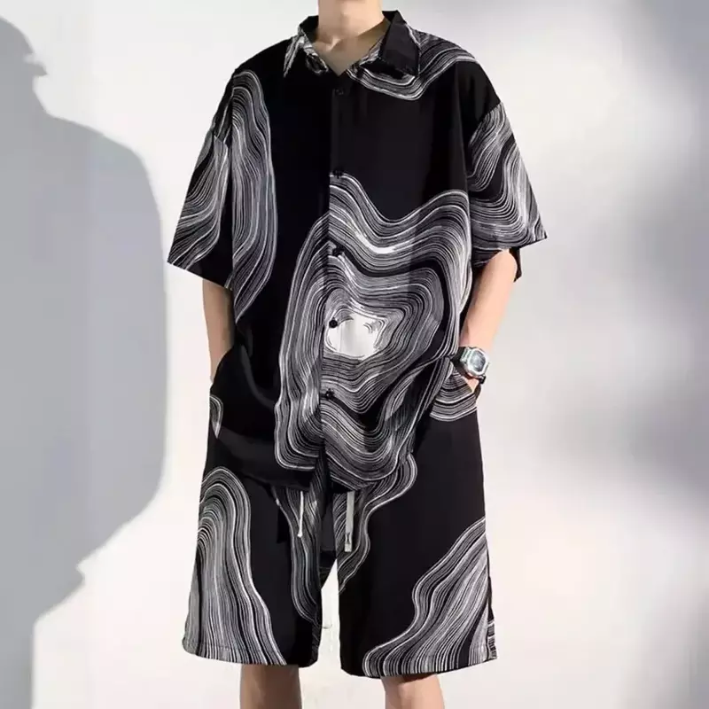 Conjunto de camisa y pantalones cortos informales para hombre, ropa holgada de verano, estilo playero de seda de hielo, novedad de 2024