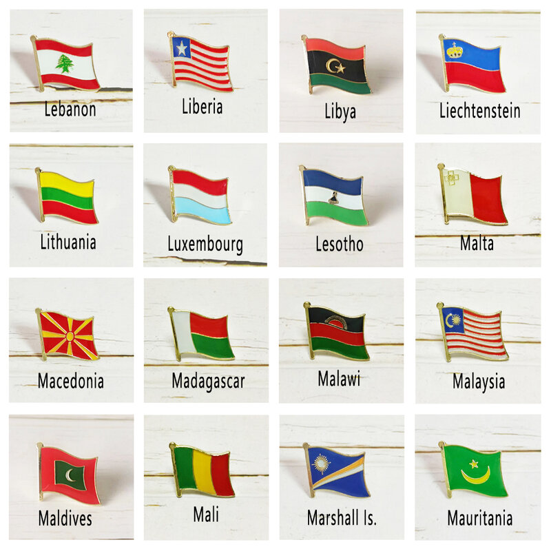 العلم الوطني دبوس معدني طيه صدر السترة شارة جميع العالم لبنان ليتوانيا ليسوتو مالطا مقدونيا ماليزيا جزر المالديف مالي ليبيا ملاوي