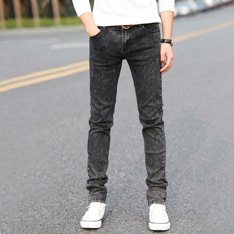 Proste, obcisłe dżinsy rurki, obcisłe, ołówkowe spodnie jeansowe z zamkiem i guzikiem długie spodnie z prostymi nogawkami odzież męska