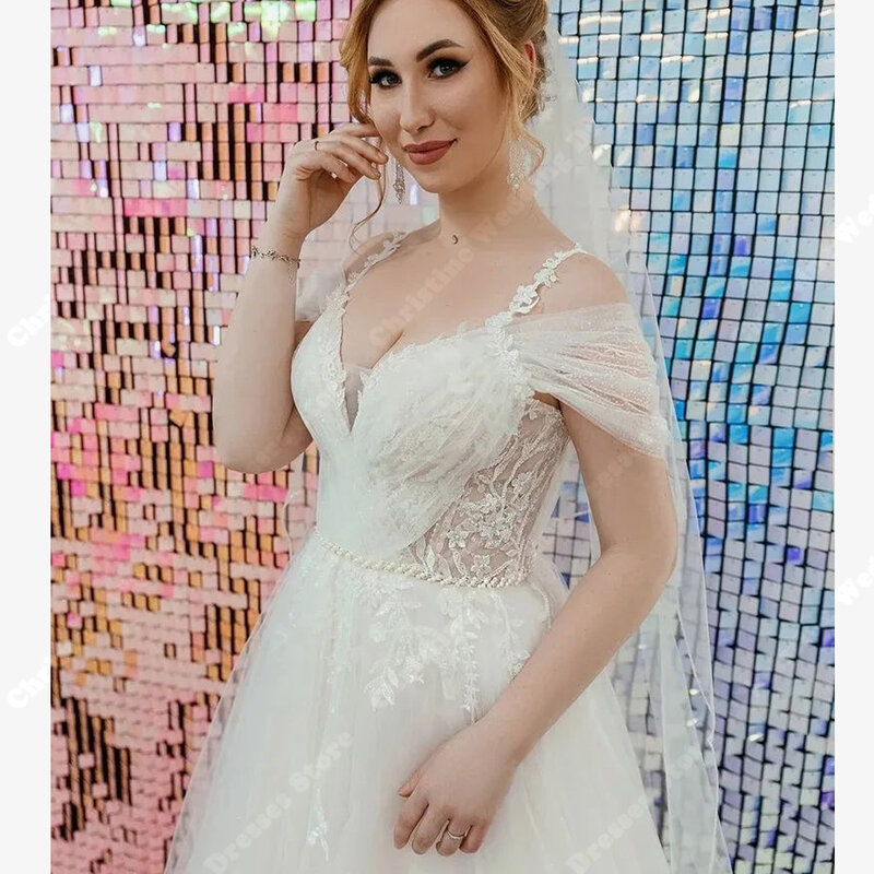 Женское фатиновое свадебное платье с кружевной аппликацией, однотонное платье невесты без рукавов с V-образным вырезом и вышивкой, свадебные платья