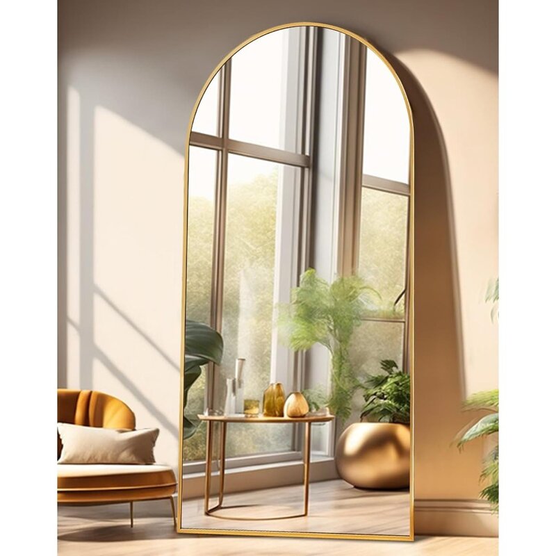 Espejo de suelo de longitud completa r con soporte, pared arqueada, longitud completa, independiente, dorado, 28 "x71"