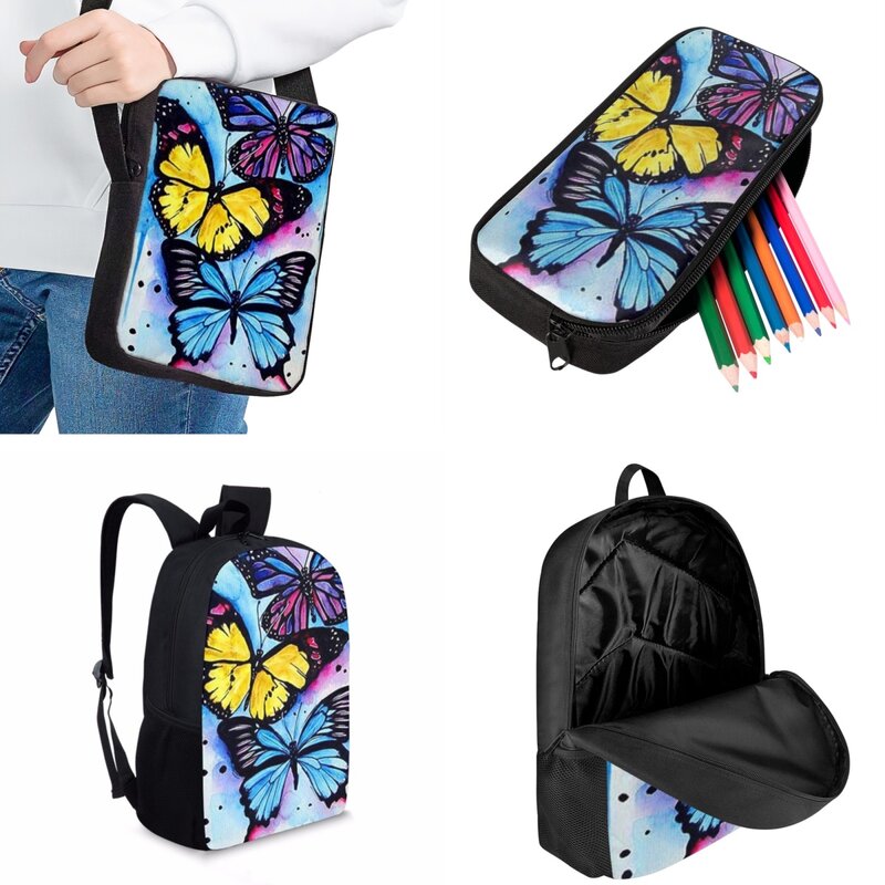 Jackherelook 예술적 나비 패턴 패션 여자 배낭 캐주얼 학교 가방 세트, 어린이 책 가방, 어린이 여행 배낭