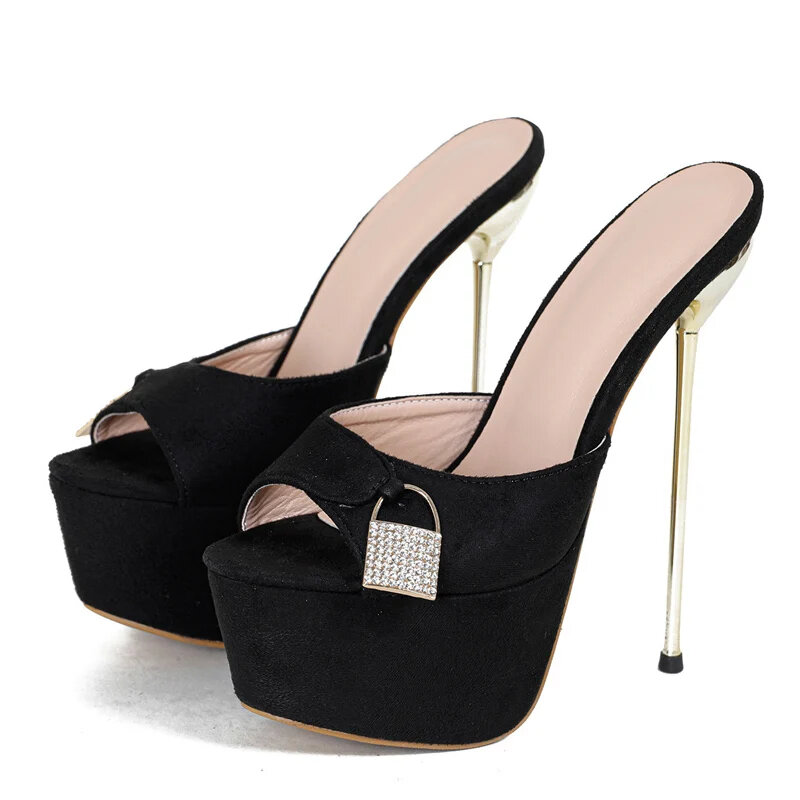2024 Sexy pantofole con plateau con fibbia in metallo per donna 16 CM sandali con tacco alto Super sottile scarpe da spogliarellista per feste di moda estiva nere