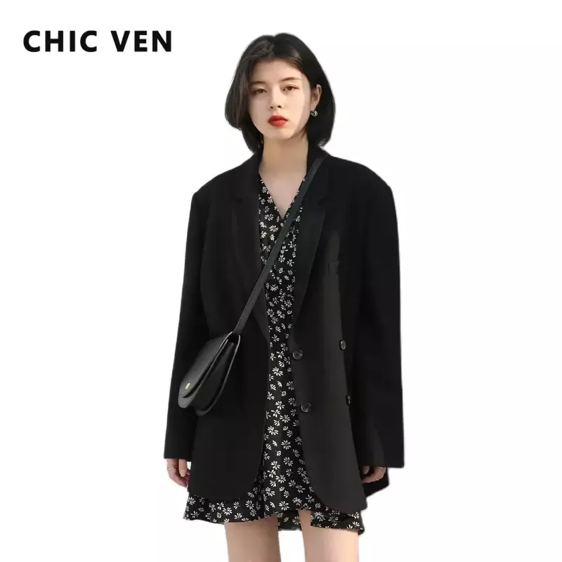 CHIC VEN 2021สตรีแฟชั่น Blazer Office Lady เสื้อแขนยาว Double-Breasted กลางความยาวลำลองสุภาพสตรี outerwear Stylish Top