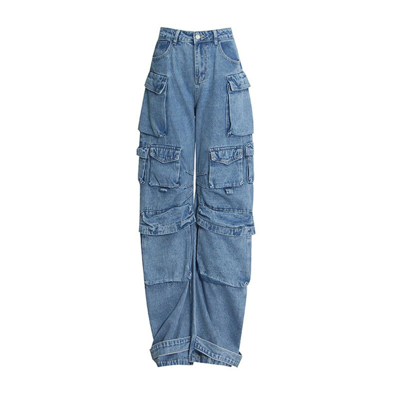 Multi pocket jeans solid color loose high street retro hiphop wide legpants trend fashion casual straight high waist jeans women