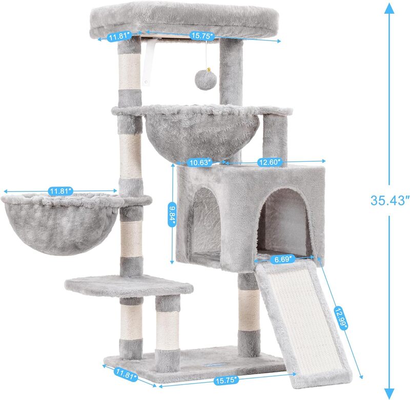 Cat Tree, Cat Tower for Indoor Cats, Cat House with Large Padded Bed, Cozy Condo, Hammocks, Sisal Scratching Posts