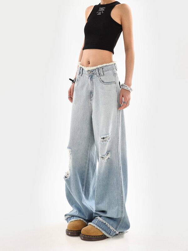 Celana Jeans Vintage Harajuku wanita, celana Denim longgar gradien kaki lebar Y2K Musim Panas 2024