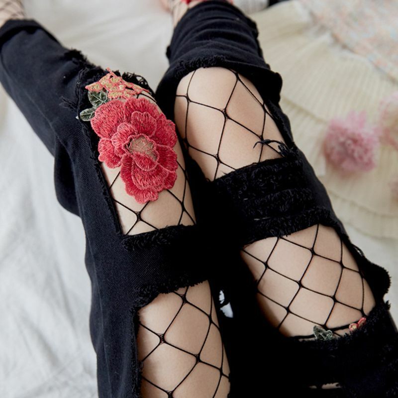 Sexy Lady collant a rete trasparente calze di seta collant a rete donna fiori ricamati