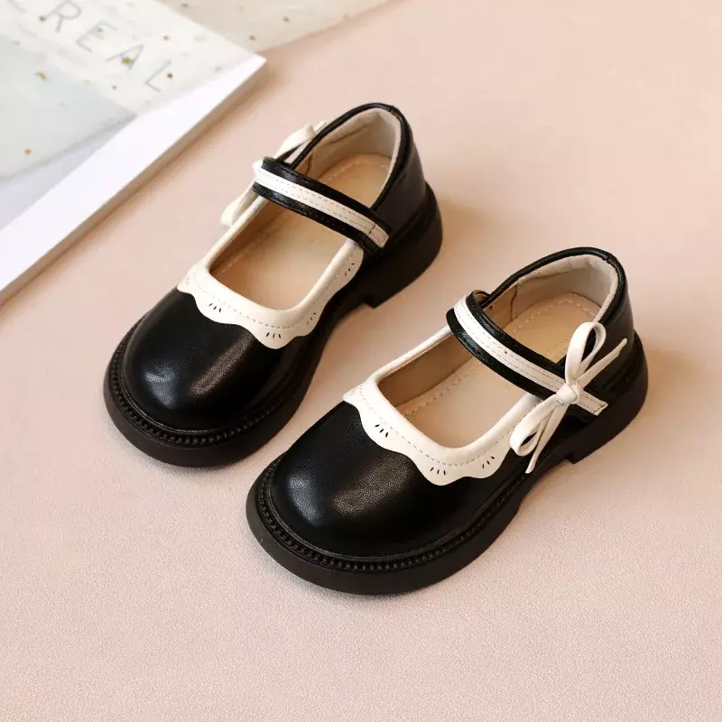 Girl Leather Shoes Mary Jane Elegant Fashion Patchwork Bowknot Children Princess Shoes Sweet Kids School Mary Jane Shoes Causal