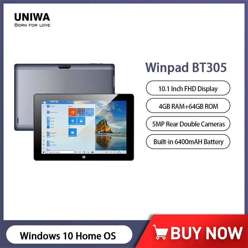 Uniwa-Windows 10 Home OS Tablet, 10.1 ", 4GB de RAM, 64GB ROM, 5MP, 6400mAh Bateria, PC com USB 3.0, WiFi, BT305