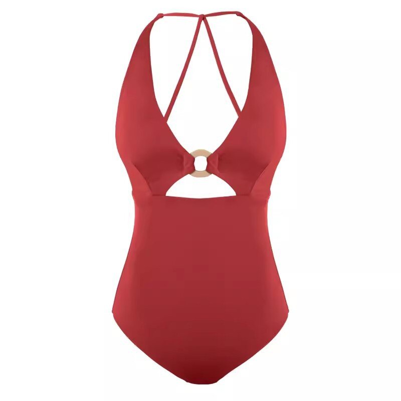 女性の赤いワンピース水着、高弾性水着、プリントされた休暇の衣装、エレガントな水着、カットアウト、2022