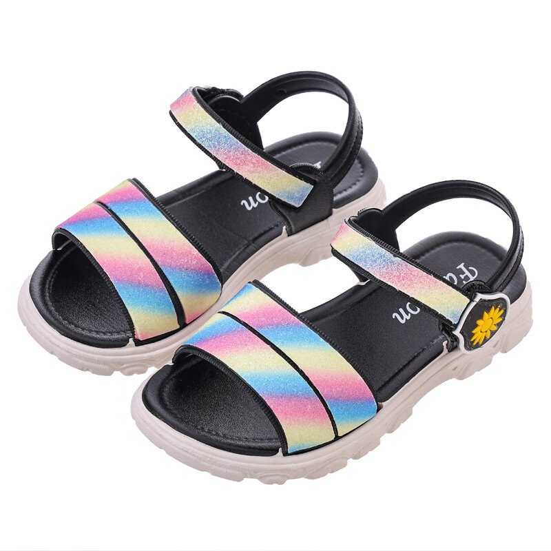 Sandales arc-en-ciel pour filles de 2 à 8 ans, chaussures de plage d'été pour enfants, sandales princesse à la mode, chaussures plates pour enfants
