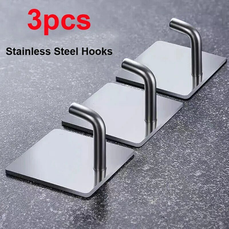 3pcs Stainless Steel Wall Hooks Self Adhesive Hooks For Hanging Wall Key Holder Wall Hanger Towel Holder Coat Hook Bag Hanger