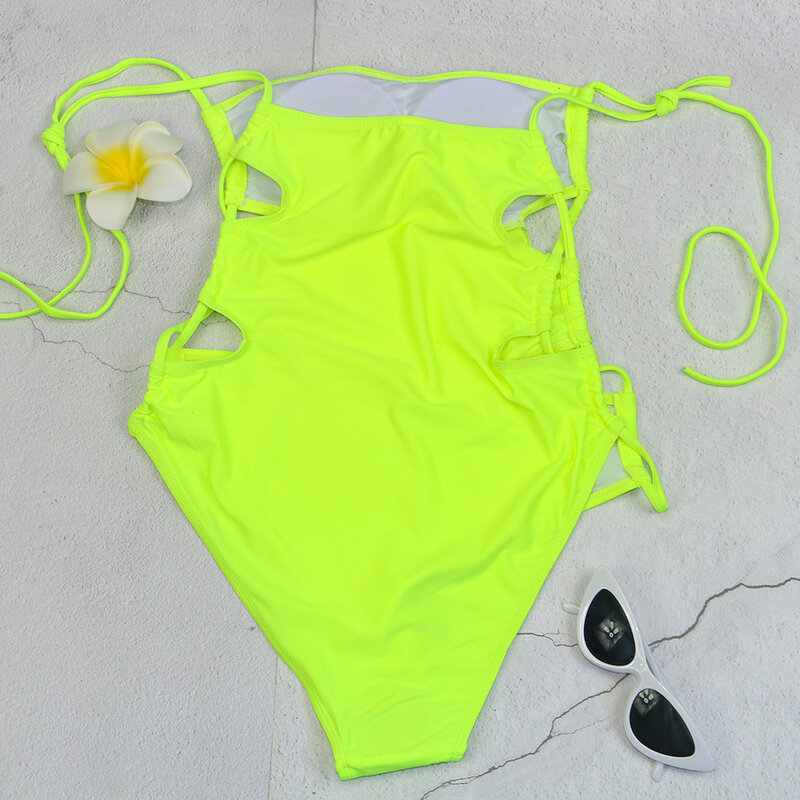Lado oco Out Drawstring Bikini Swimsuit, Sexy Monokini, Micro Swimwear, Uma peça de maiô de praia brasileira