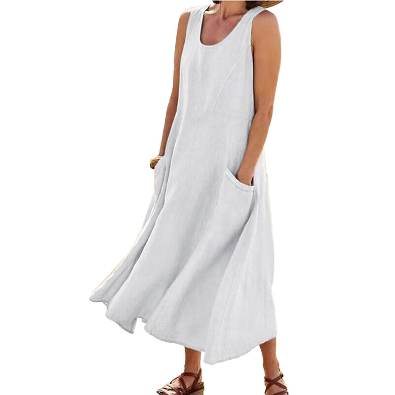 Gaun musim panas kasual untuk wanita tanpa lengan terbuat dari katun Linen nyaman gaun pantai Maxi elegan dengan saku tidak meregang