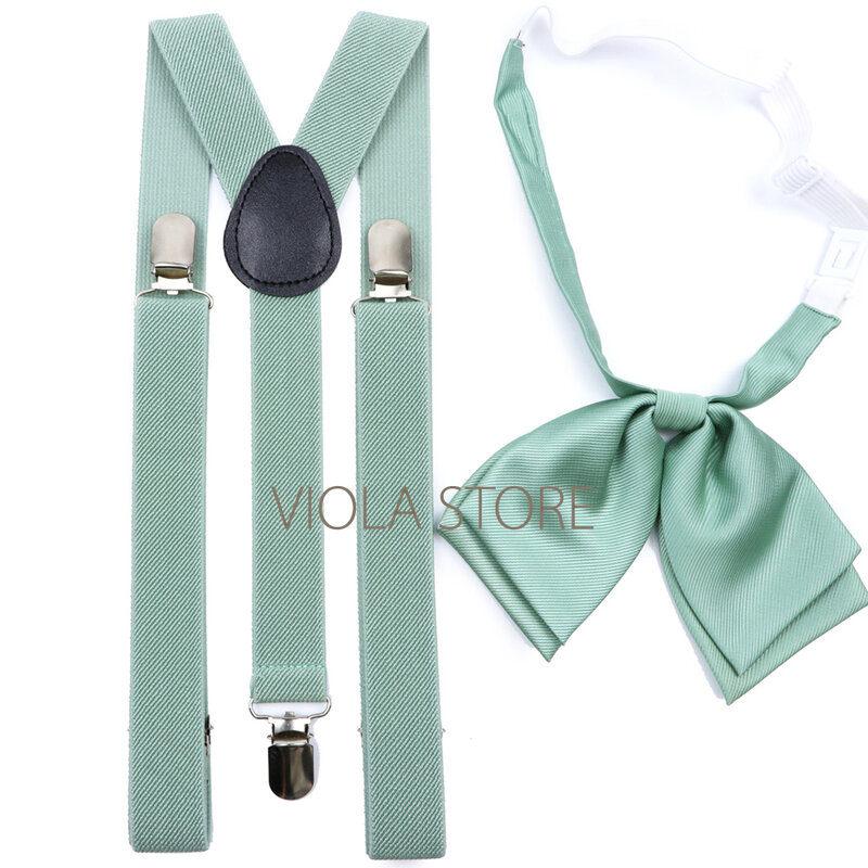 Hot New salvia verde solido 2.5cm bretella 6cm cravatta (ie Bow Set uomo Kid cravatta Brace cinghie regolabili accessorio per feste di nozze
